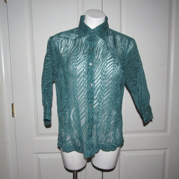 Mirasol Teal Sheer Burnout Textured Button-Up Blouse | Size M | Boho Chic Resort - Picture 1 of 6